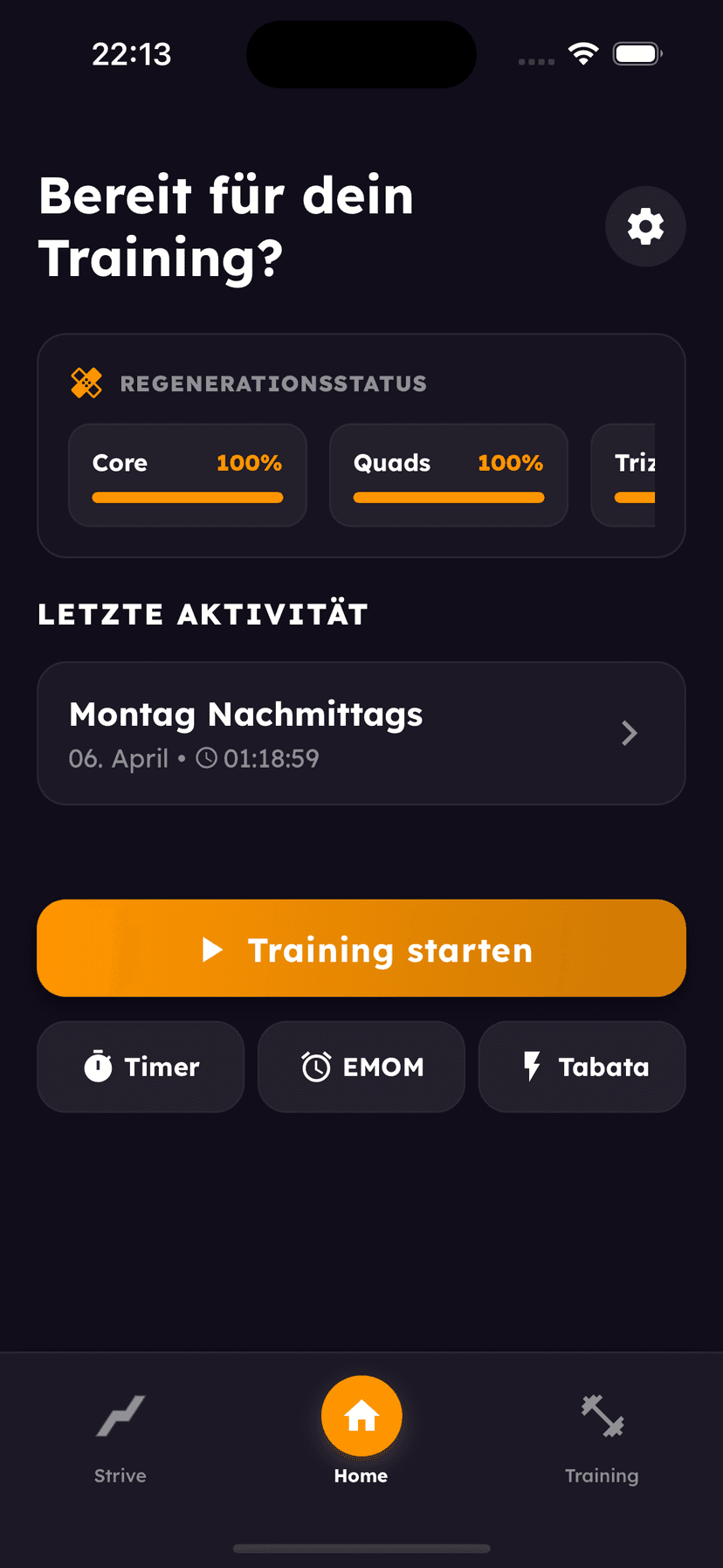 Strive Up Dashboard mit Regenerationsstatus und Training-Schnellstart